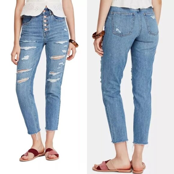 Free People We The Free High Waist Ripped Blossom Rigid Jeans 35540 - Picture 1 of 11